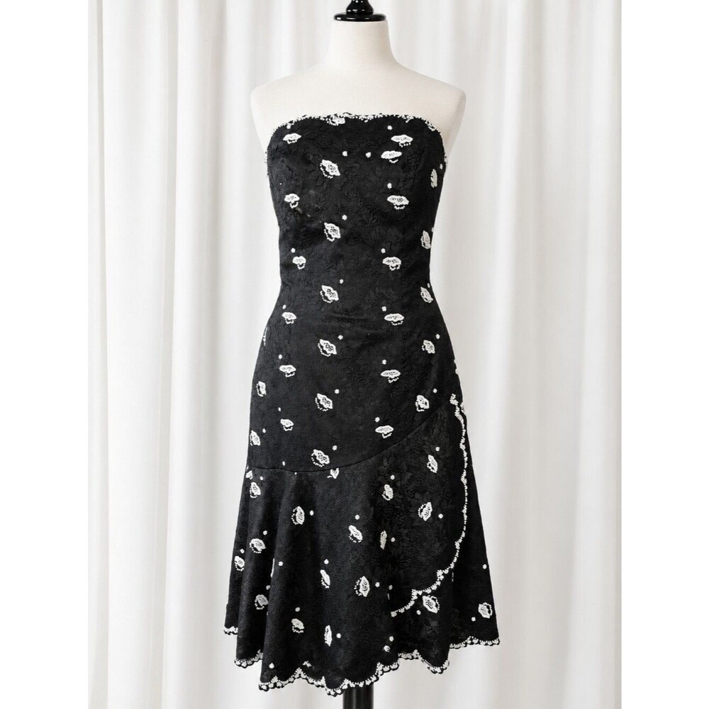 Vintage Helen Morley Black Floral Sequin Beaded Lace Strapless Cocktail Dress